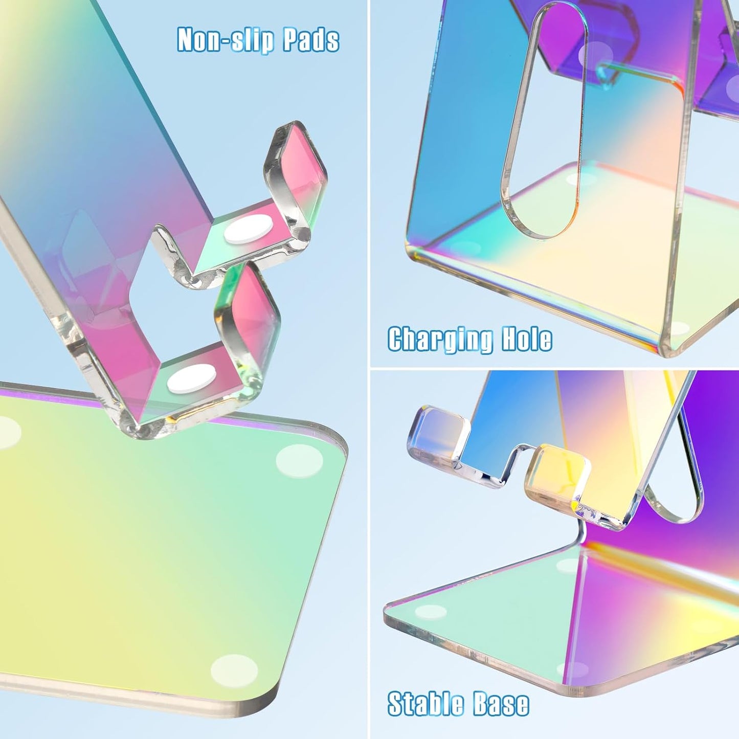 Tomorotec Iridescent Acrylic Cell Phone Stand, Portable Phone Holder for Desk Non-Slip Desktop Smartphones Holder Compatible with iPhone Samsung Galaxy Pixel Phone Cradle Dock Home Office