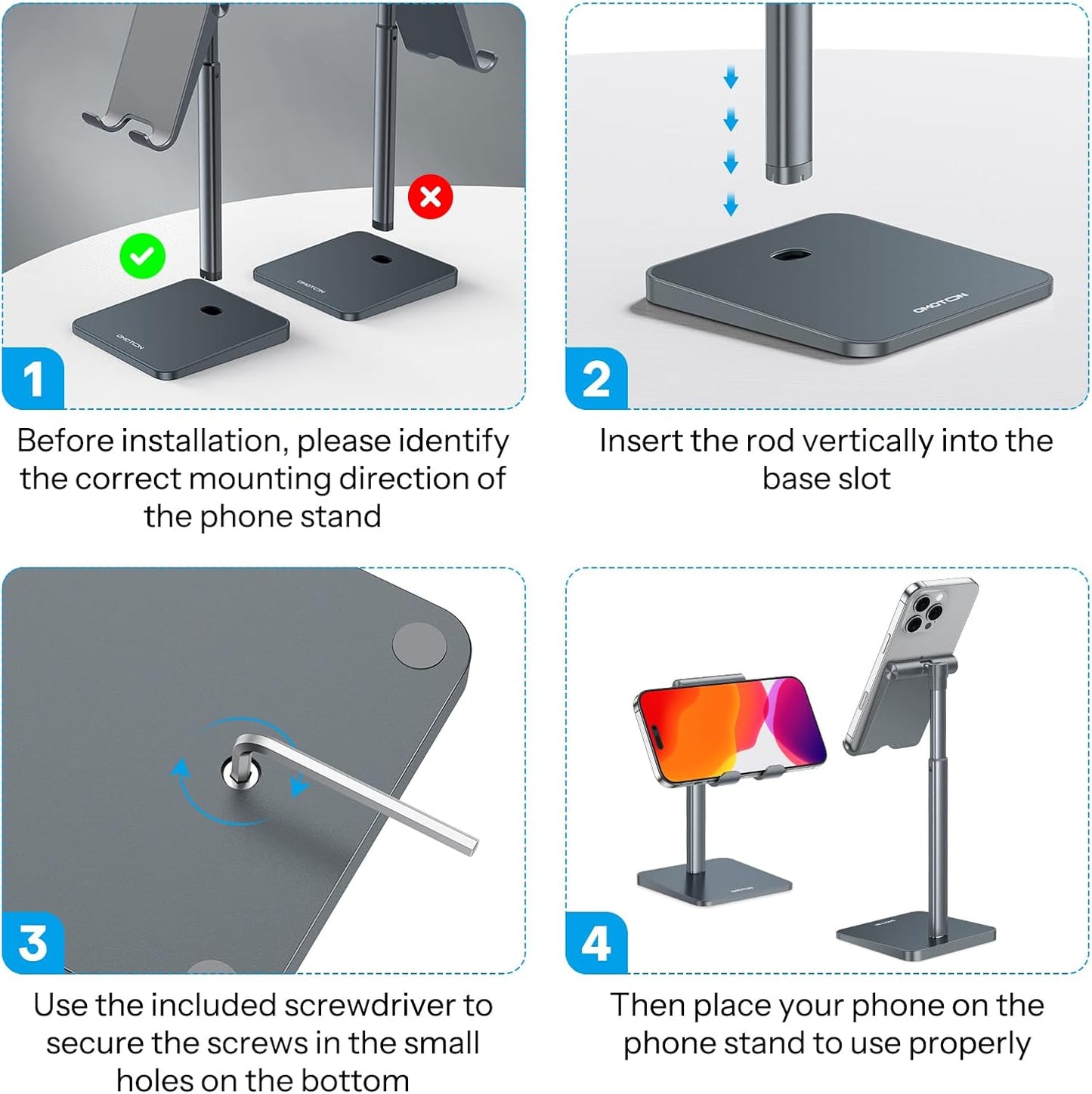 OMOTON Cell Phone Stand, Adjustable Angle Height Desk Phone Dock Holder for iPhone Air 17 Pro Max/Plus/XS/XR, Samsung Galaxy S20 / S10 / S9 / S8 and Other Phones (3.5-7.0-Inch)