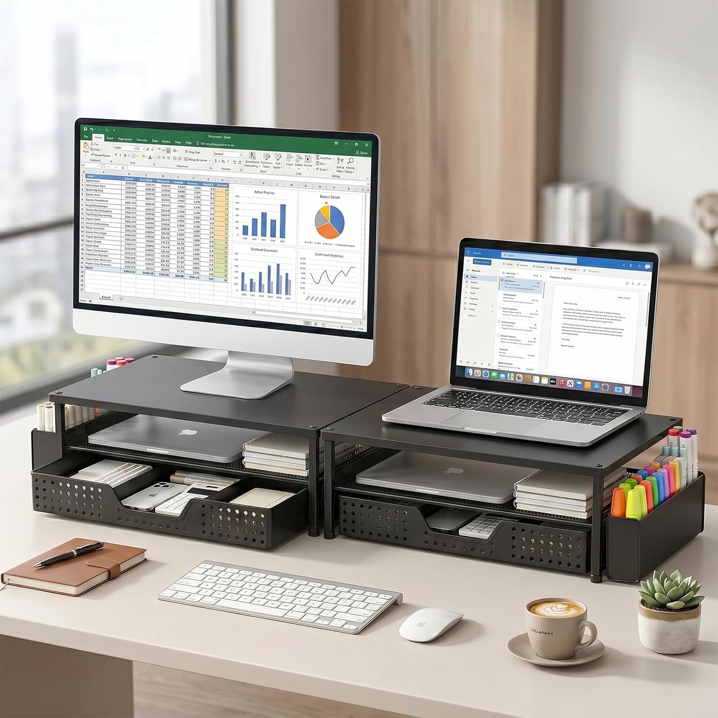 ECOLOVI Desk Organizer and Accessories, 2-Tier Computer Monitor Stand Rise with Storage Drawer & 2 Pen Holders, Laptop & Printer Stand for Desktop, Workspace Organizers for Office Supplies (Blue)