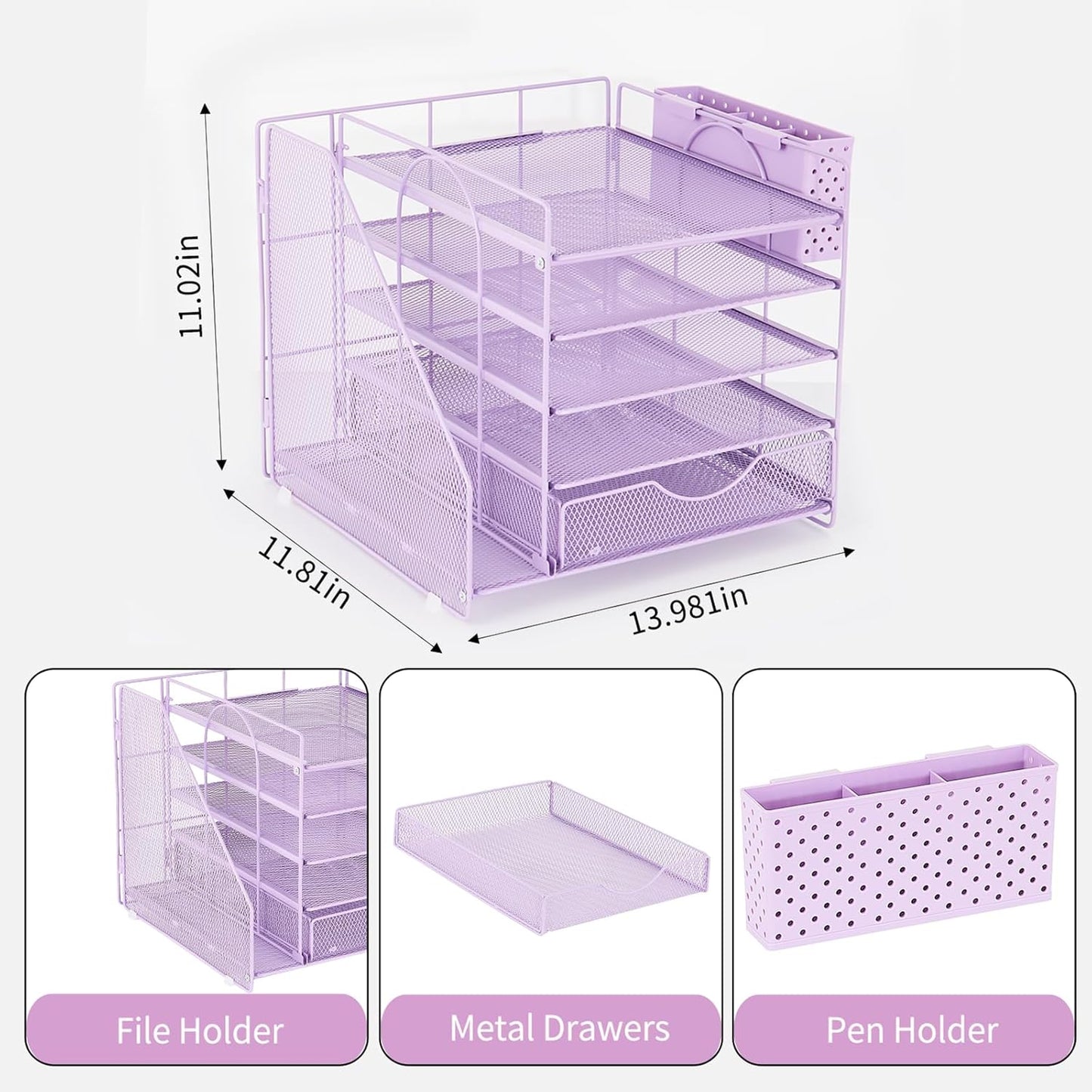 Desk Organizer with Drawer and Pen Holder, 5-Tier Paper Letter Tray Organizer with File Holder, Suitable for Workspace Organizer Office Supplies Storage (Black)