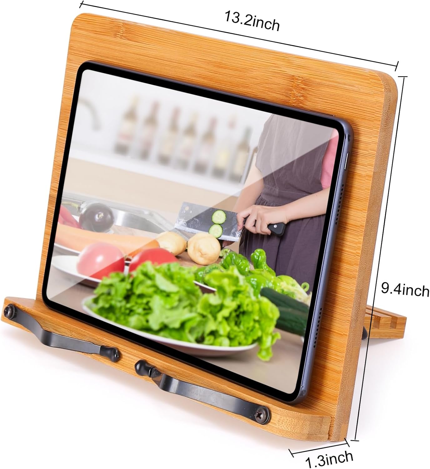 MEGREZ Bamboo Book Stand (13.2 x 9.4 inch) for Reading, Kitchen Cookbook Holder, Adjustable for Tablet/Textbook, Hollow Bookrest, Panda
