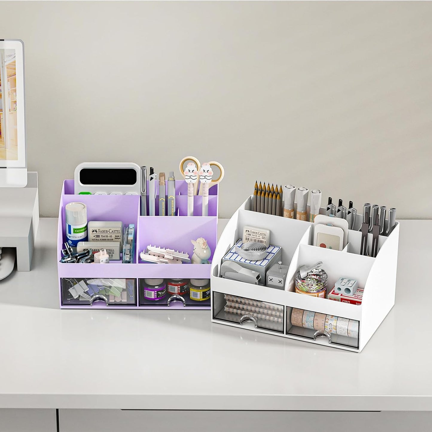 COMFYROOM Desk Organizer with 6 Compartments and 2 Drawers, Plastic Makeup Organizer, Pen Holder for Desktop Storage, Desk Organization for School, Home, Office Supplies (White)