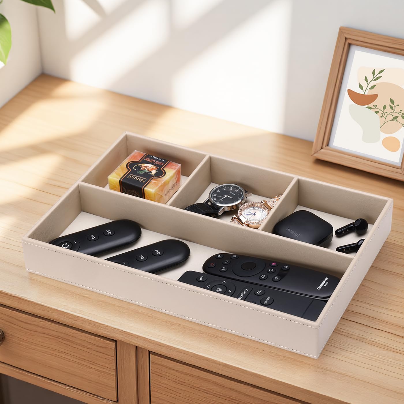 GORESE 2 Pieces Faux Leather Valet Tray for Men, Stackable Jewelry Organizer for Drawers, Nightstand Caddy Tray for Key, Wallet, Sunglass, Watch, Coin, Phone, Bedside Desk-top Storage Black