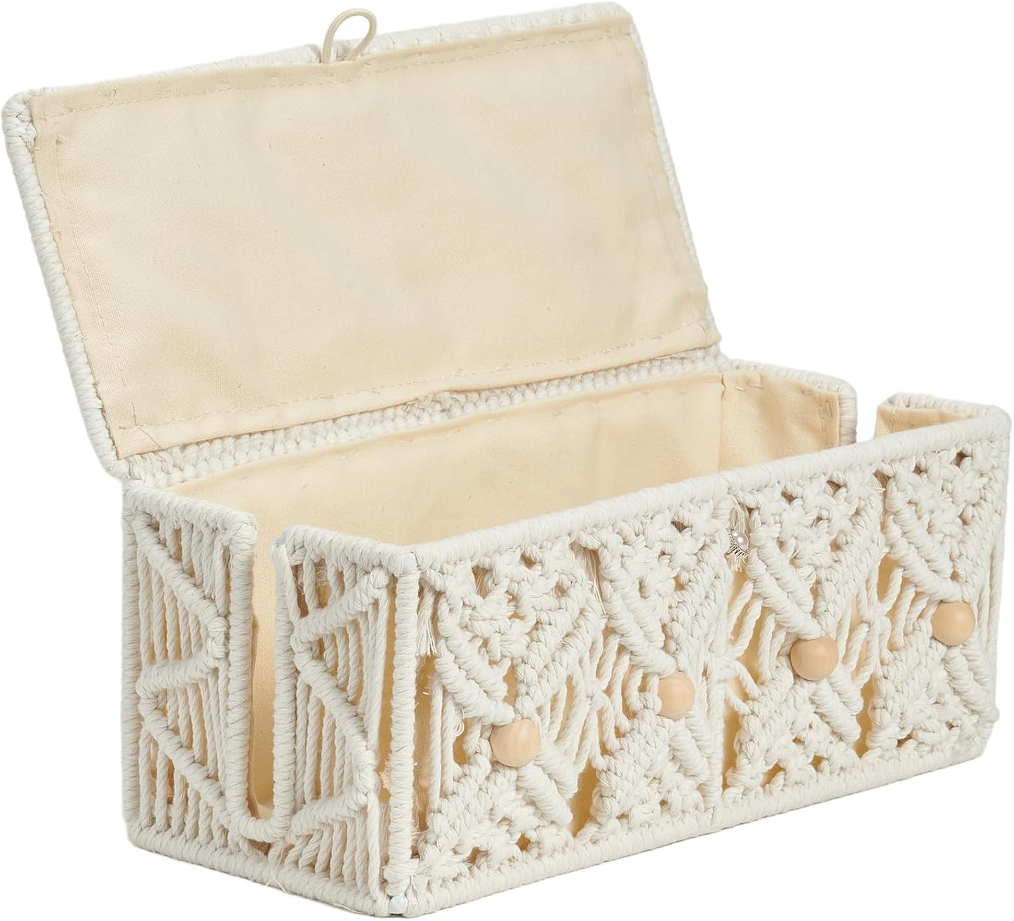 Cable Management Box Handmade Macrame Cord Storage Organizer Power Strips Outlet Router Adapter TV Wire Hider Cover Under Desk Natural Cotton Rope Woven Boxes with Lid (Off White, Large)