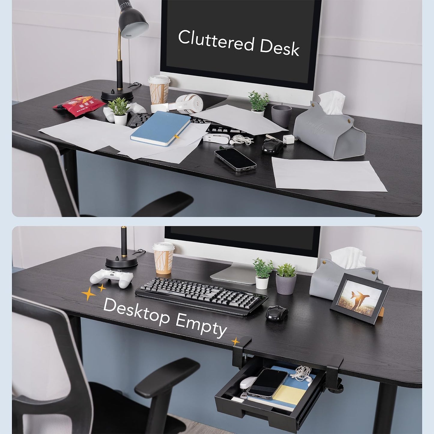 EHO Under Desk Slide-Out Storage Drawer, Small 11.7"x8.2" Pull-Out Organizer with Smooth Sliding Rail, Adjustable C-Clamp Mount, Black Tray for Home Office & Standing Desk