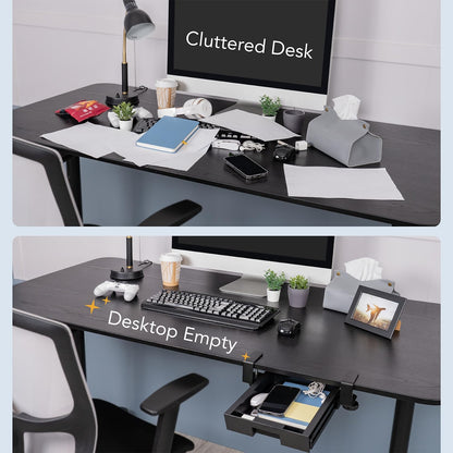 EHO Under Desk Slide-Out Storage Drawer, Small 11.7"x8.2" Pull-Out Organizer with Smooth Sliding Rail, Adjustable C-Clamp Mount, Black Tray for Home Office & Standing Desk