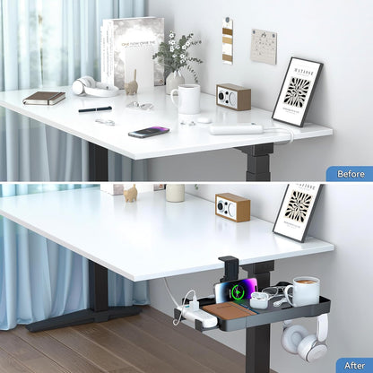 KDD Under Desk Organizer - 360° Rotating Clamp-On Tray with Headphone Hook, Phone & Tablet Holder, Cup Holder, and Cable Management - No Drilling Desk Storage Accessories for Office and Home