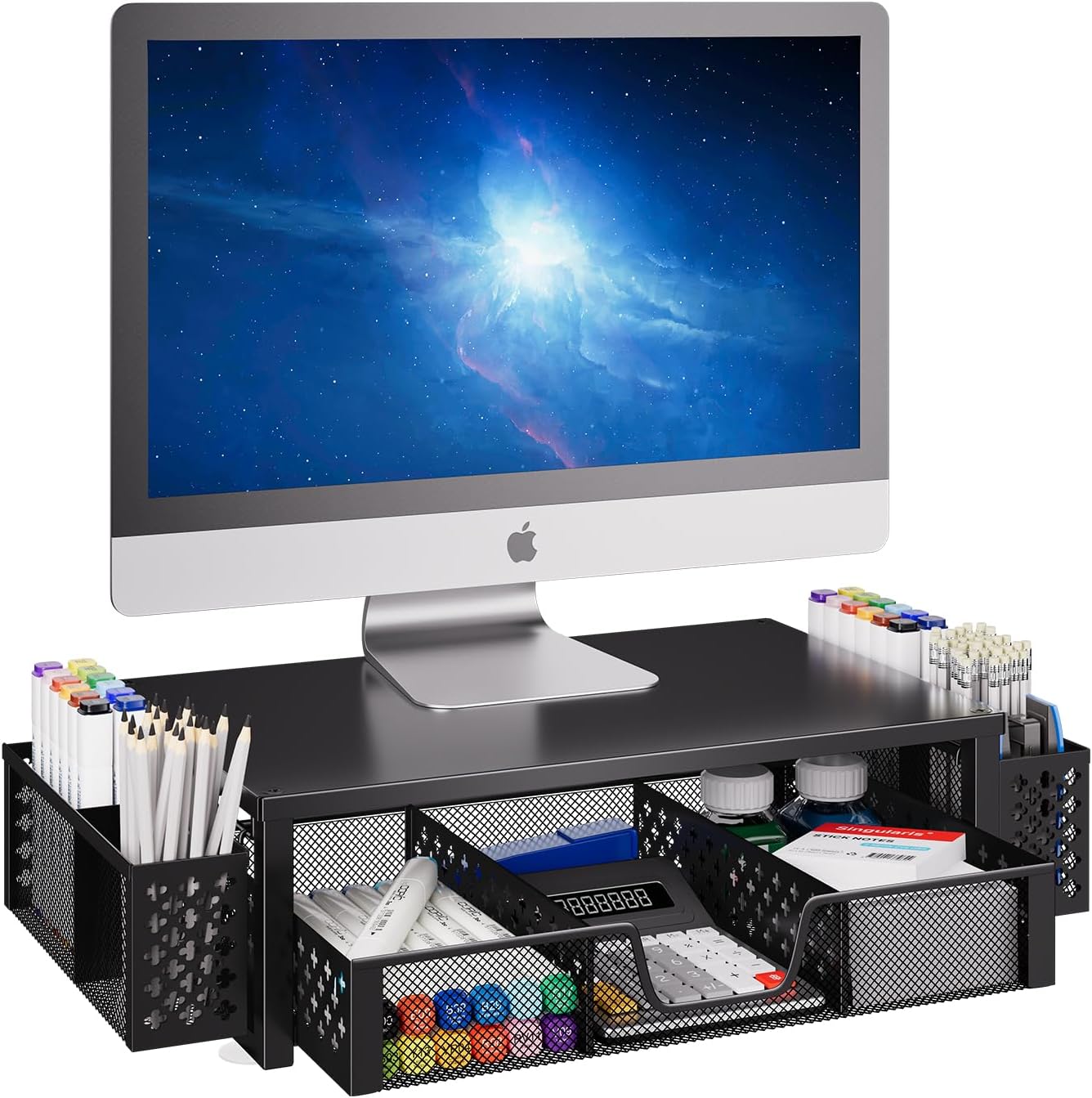 Simple Trending Desk Organizer and Accessories, Computer Metal Monitor Stand Riser with Drawer and Pen Holder for Laptop, Computer, iMac, Black