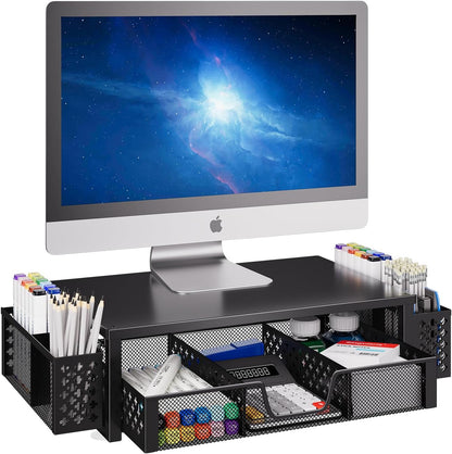 Simple Trending Desk Organizer and Accessories, Computer Metal Monitor Stand Riser with Drawer and Pen Holder for Laptop, Computer, iMac, Black