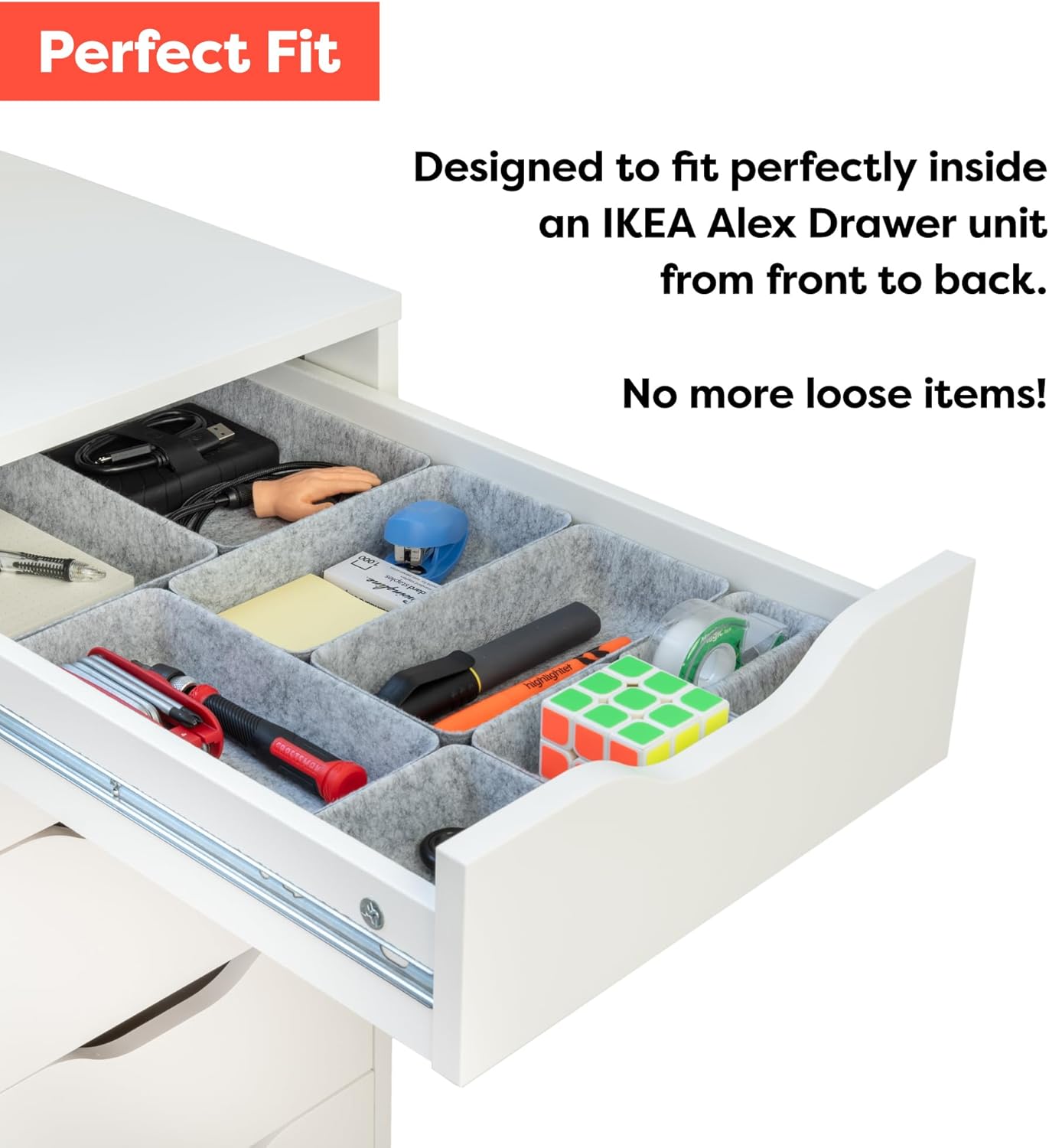 Rajas Goods Drawer Organizer Compatible with Ikea Alex Drawer Unit, 10-Piece Modular Felt Tray Organizer Set, Perfect Fit (Light)