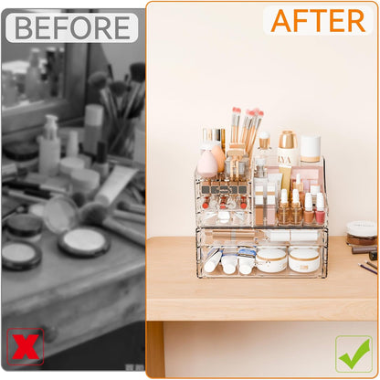 Yieach 3 Pack Clear Makeup Organizer Countertop for Dresser,Vanity and Bathroom Counter Organizer,Tiered Stackable Makeup Acrylic Organizers with 9 Drawer for Skincare,Brush and Make up Holders