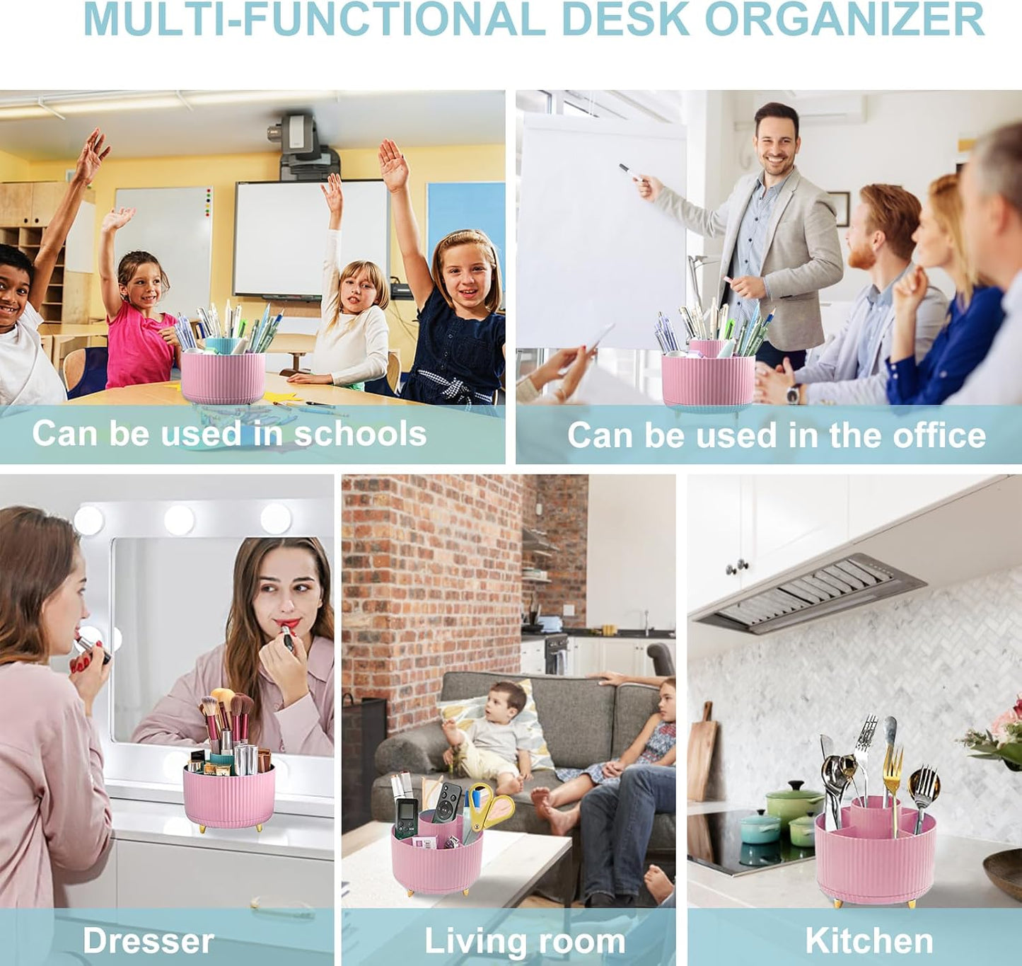 Cayxenful Pencil Holder For Desk,5 Slots 360°Degree Rotating Desk Organizers And Accessories,Desktop Storage Stationery Supplies Organizer, Cute Pencil Cup Pot For Office, School, Home (B-White)