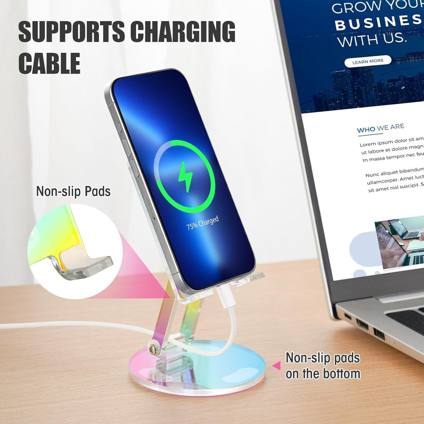 Tomorotec Iridescent Acrylic Cell Phone Stand, Portable Phone Holder for Desk Non-Slip Desktop Smartphones Holder Compatible with iPhone Samsung Galaxy Pixel Phone Cradle Dock Home Office