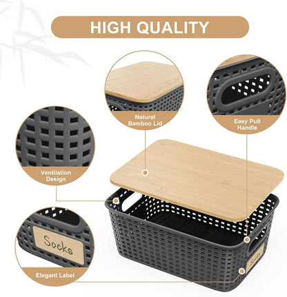 6Pcs Storage Bins with Lids, Stackable Plastic Storage Basket with Bamboo Lid, Pantry Organizer Box Small Containers for Organizing Shelves Drawer Desktop Closet Cabinet Office Classroom 10x7.1x4.1in