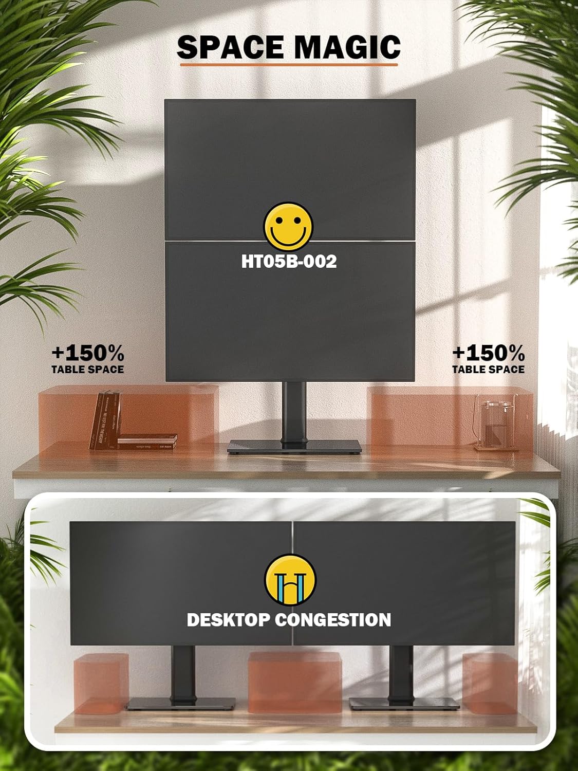 Dual Monitor Stand - Vertical Stack Screen Free-Standing Monitor Riser Fits Two 13 to 34 Inch Screen with Swivel, Tilt, Height Adjustable, Holds One (1) Screen up to 44Lbs HT05W-002 White