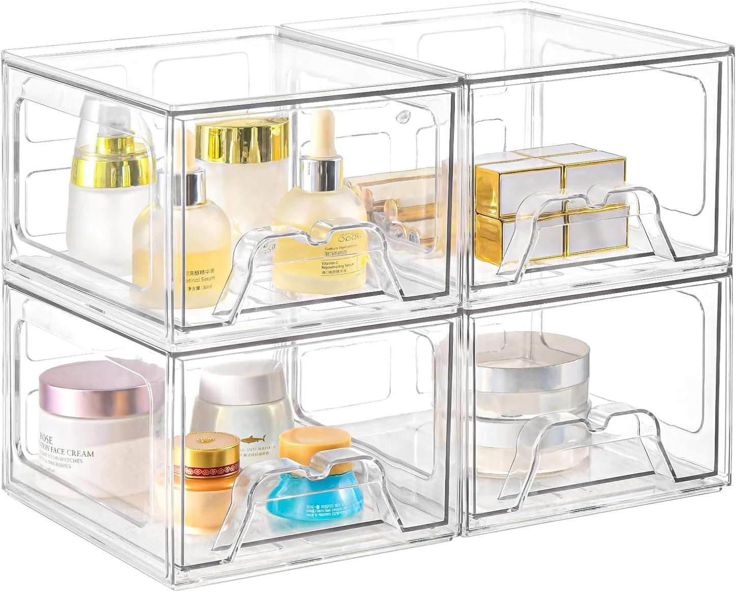Stebopum 6 Pack Stackable Makeup Organizer, 4.4'' Tall Acrylic Bathroom Makeup Organizer and Storage Drawer with Pull-out Handle, Clear Plastic Storage Bins for Vanity,Pantry,Desk,Undersink,Kitchen
