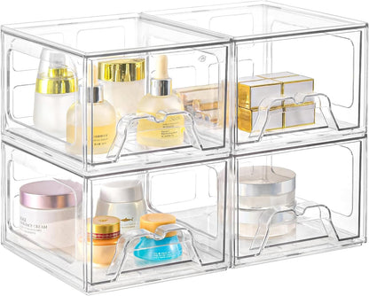 Stebopum 6 Pack Stackable Makeup Organizer, 4.4'' Tall Acrylic Bathroom Makeup Organizer and Storage Drawer with Pull-out Handle, Clear Plastic Storage Bins for Vanity,Pantry,Desk,Undersink,Kitchen