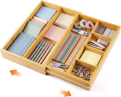 Bamboo Sliding Desk Drawer Organizer 8.2'' up to 16.4'' x 14.4'' x 2.2'' Expandable Office Desk Accessories Supplies Tray with 7 Compartments for Pens, Notebooks, Rulers, and Makeup Jewelry Vanity