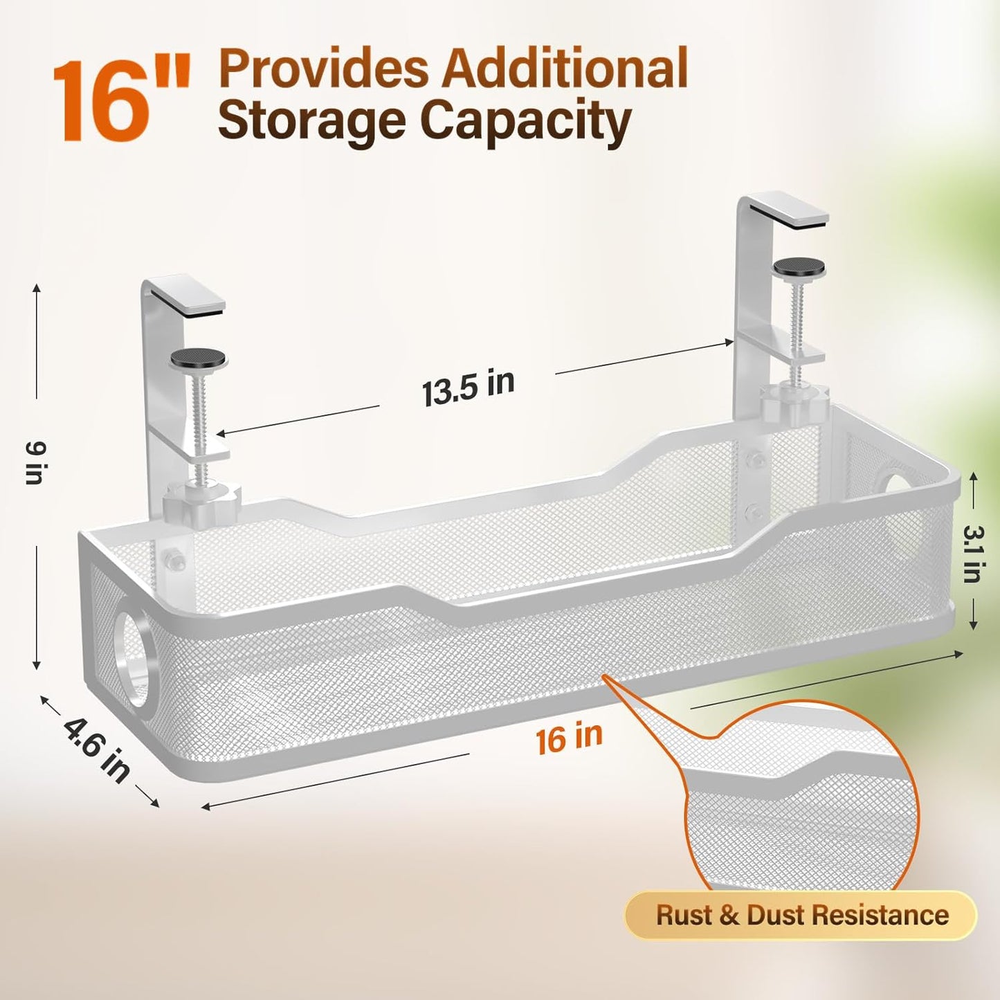 Under Desk Cable Management Tray White, Cinati Wire Organizers No Drill, Cable Tray with Clamp for Wire Management, Cord Organization Box for Office, Home - No Damage to Desk