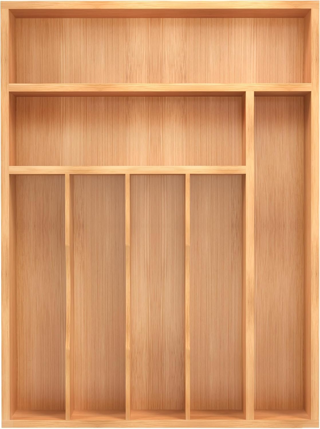 Small Silverware Organizer, Bamboo Kitchen Drawer Organizer, Utensil Holder, Cutlery Tray & Spoon Flatware Storage with Grooved Drawer Dividers (6.7''W x 12''D)