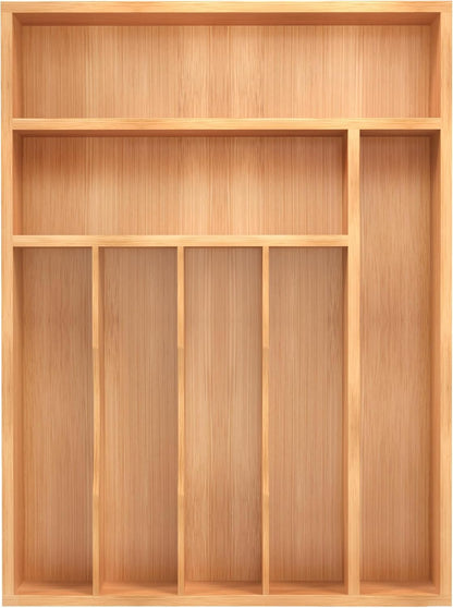 Small Silverware Organizer, Bamboo Kitchen Drawer Organizer, Utensil Holder, Cutlery Tray & Spoon Flatware Storage with Grooved Drawer Dividers (6.7''W x 12''D)