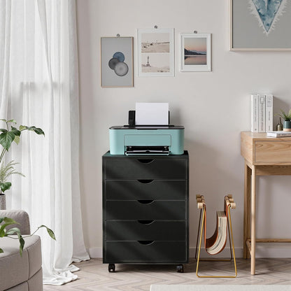 OLIXIS 7 Drawer Mobile File Cabinet Under Desk Storage Organization with Wheels Vertical Filing Chest Rolling Wood Small Desk Printer Stand for Home Office, 15.75"D x 18.74"W x 34.25"H, Black