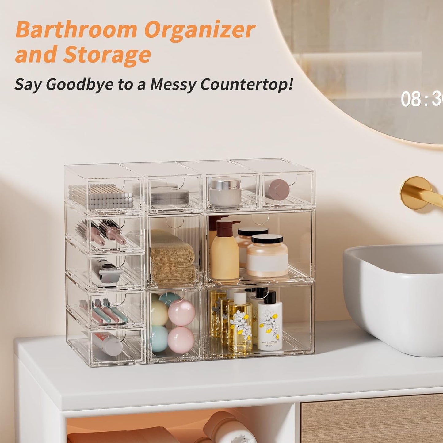 12 Pack Clear Stackable Storage Drawer Set, 3 Sizes (8 Small/2 Medium/2 Large) Modular Acrylic Drawer Organizer, Makeup Organizer for Vanity, Bathroom, Kitchen Cabinet, Desk, Undersink, Pantry, Office