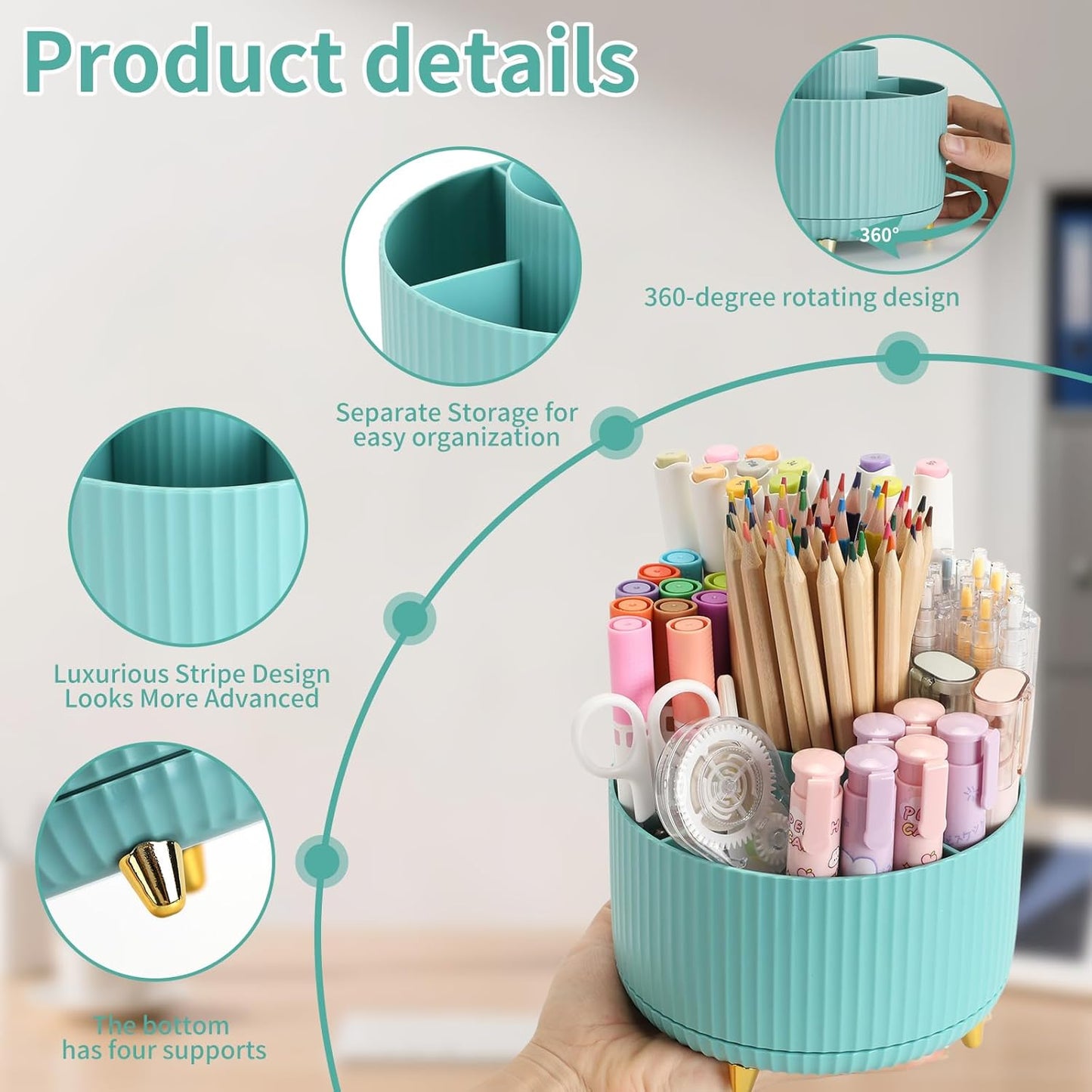 Camelmother Pen Holder For Desk With 5 Slots 360°Rotating Pencil Holder Makeup Organiezr Teacher Supplies Office decor (purple)