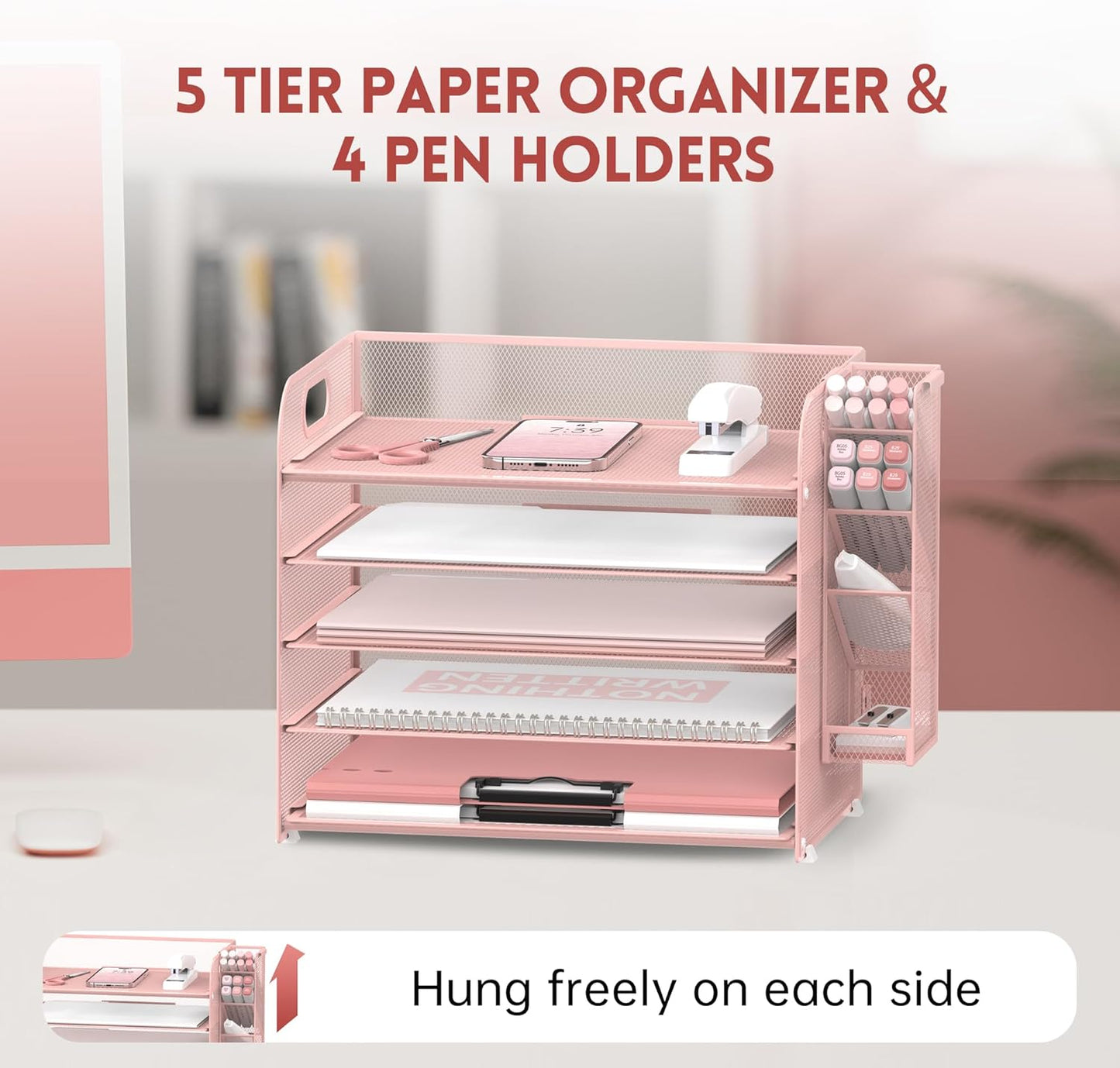 SUPEASY 5 Tier Desk Organizer with Handle & Removable Pen Holders, Mesh Paper/File Organizer for Desk, Paper Letter Tray Organizer for Office Supplies (Black)
