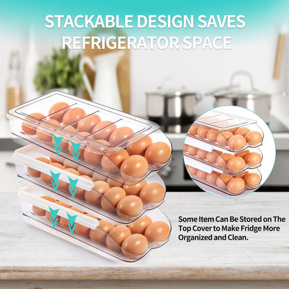 RoskDeewat Egg Holder for Fridge, Automatic Rolling Egg Container for Refrigerator, Stackable Fridge Organizers and Storage with Lid, Clear Plastic Egg Dispenser,Bin & Tray (1 Tier)