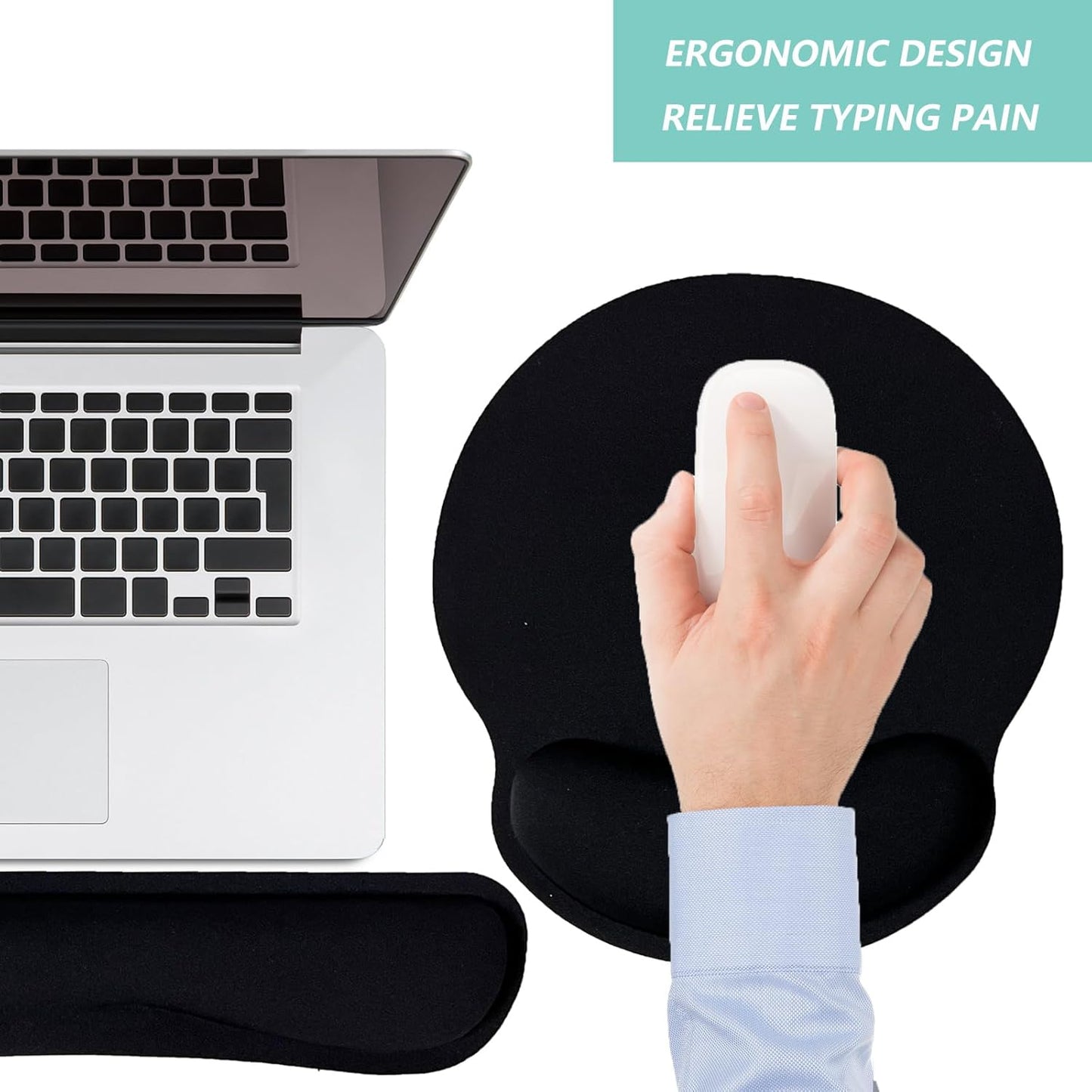 Keyboard Wrist Rest Pad Mouse Pad with Wrist Support Set of 3, Mousepad with Non-Slip Rubber Base, Ergonomic Memory Foam Mouse Wrist Cushion Support for Home Office Laptop Computer, Flower Black