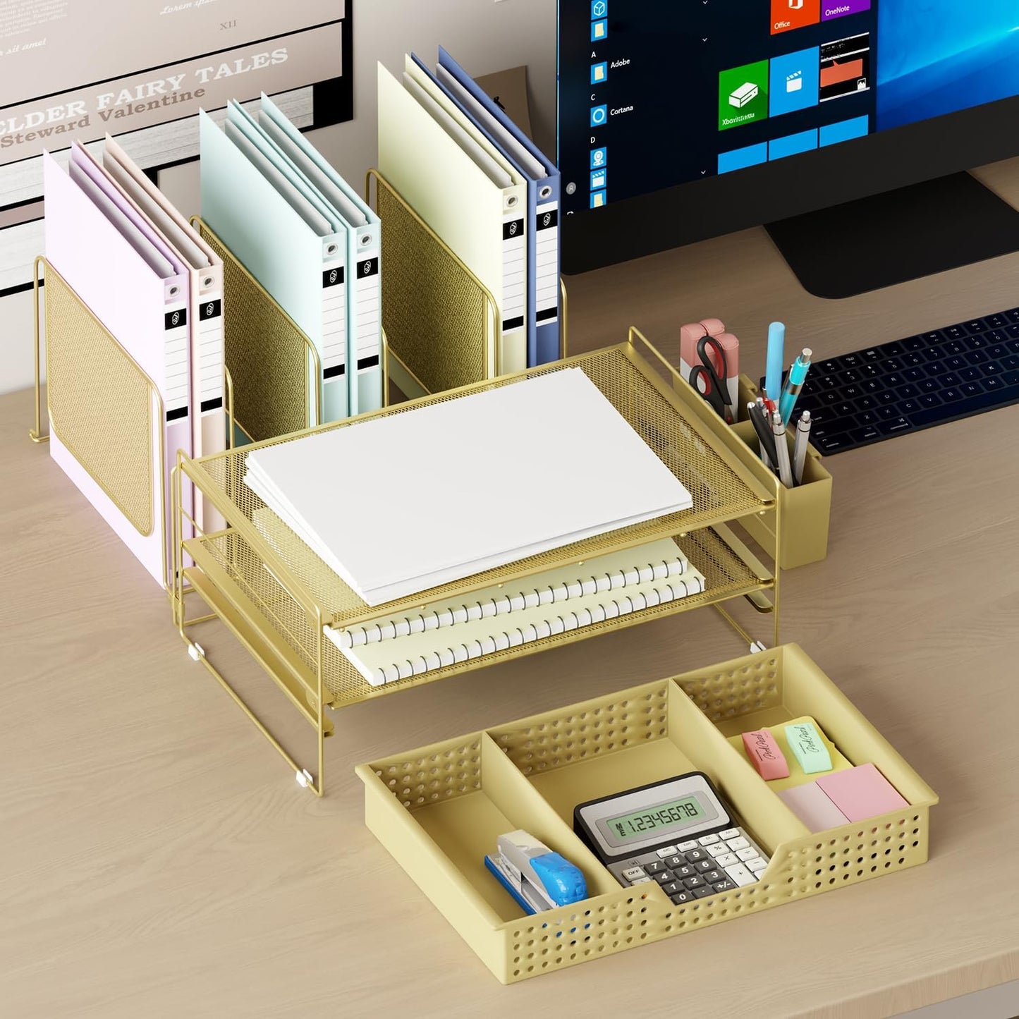 LEKETREE Desk Organizer, Office Organization with Vertical File Holder, File Organizer with Drawer and Pen Holder, Desk Accessories and Workspace Organizers for Home Office (Black)