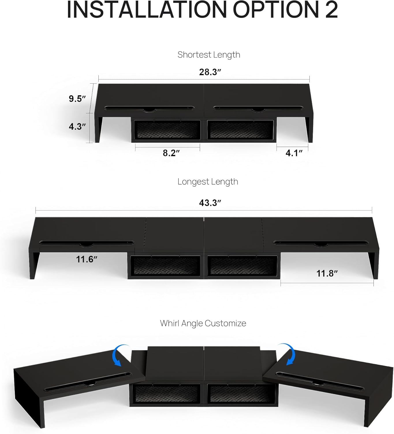 ZIFTY Dual Monitor Stand Riser for 3 Monitors, Desk Organizer with 2 Drawer and Smartphone Holder, Adjustable Length & Angle Workspace Organizers for Monitors Laptop Printer Computer, White
