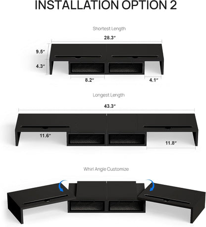 ZIFTY Dual Monitor Stand Riser for 3 Monitors, Desk Organizer with 2 Drawer and Smartphone Holder, Adjustable Length & Angle Workspace Organizers for Monitors Laptop Printer Computer, White