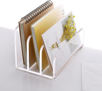 SANRUI Acrylic Mail File Organizer Sorters for Desk, 3 Upright Compartments Laddered Clear Desktop Vertical Letter Holder, Multifunction Envelope Folder Racks Holders for Office,Home, School