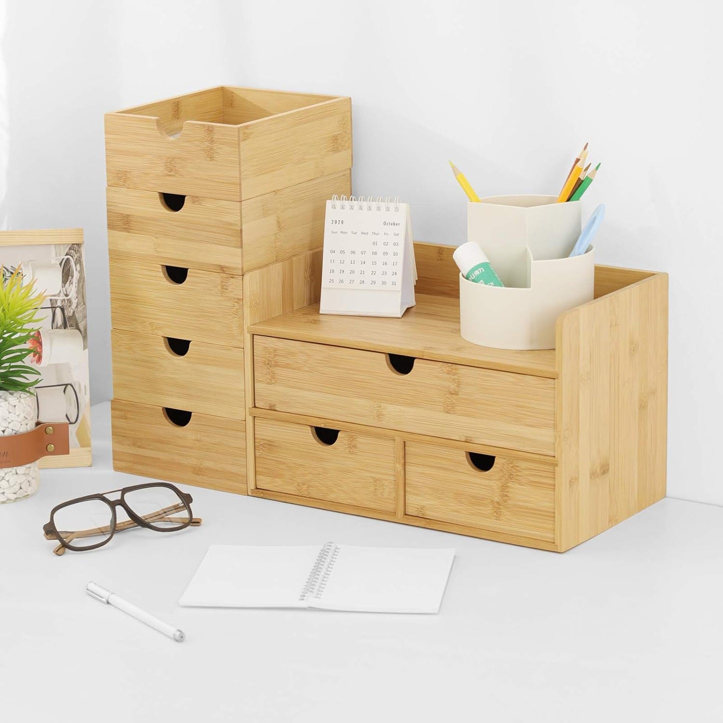 Wisuce Bamboo Desk Drawer Organizer, Desktop Organizer with Drawers Tabletop Storage Organization Box for Office Home Toiletries Supplies Vanity, No Assembly Required(3 Drawers-left right)