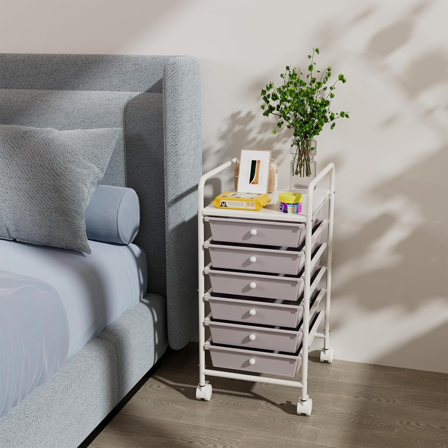 4-Tier Utility Cart with 4 Drawers, Rolling Utility Cart with 2 Lockable Caster Wheels, Multipurpose Mobile Rolling Drawer Cart for Office Bathroom Kitchen, Ivory White