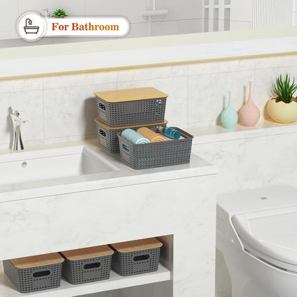 Ohmlove Plastic Storage Baskets With Bamboo Lid - Plastic Storage Containers Stackable Storage bins: Storage Baskets for Organizing Shelves Drawers Desktop Closet Playroom Classroom Office, 6 Pack