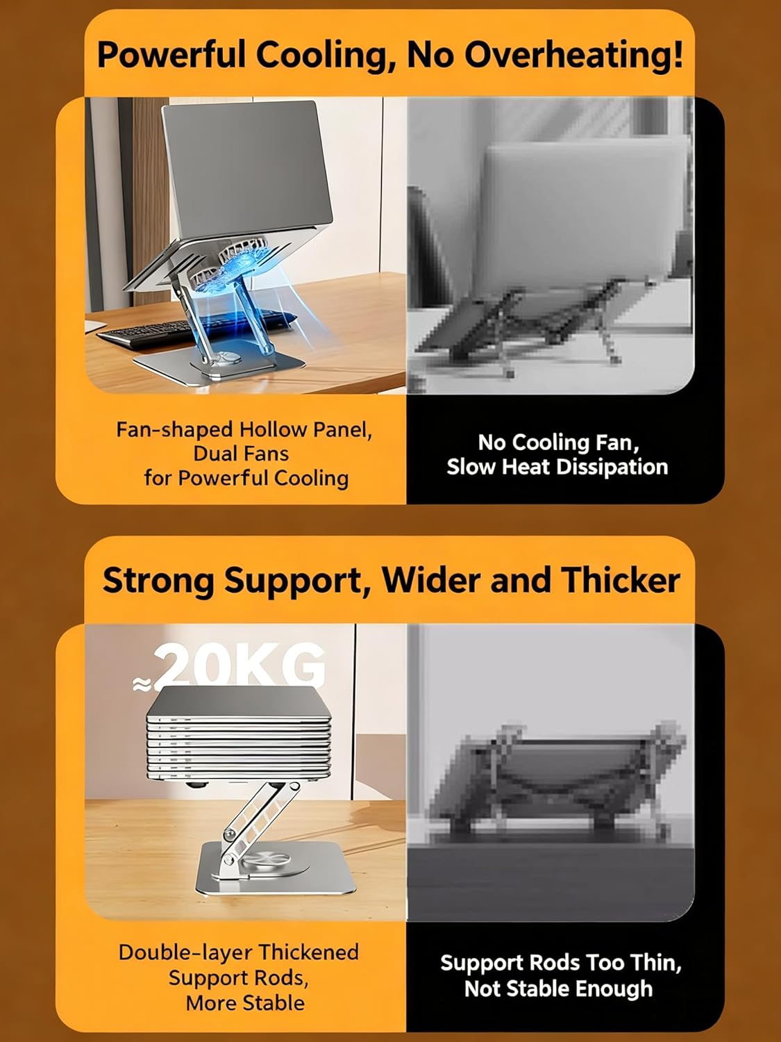 Selbst Laptop Stand for Desk with Quiet Cooling Fans - 360 Rotating Base Ergonomic Computer Stand, Aluminum Laptop Riser Foldable Protable for Office Home fits MacBook Air Pro, Dell, HP (10-17.3'')
