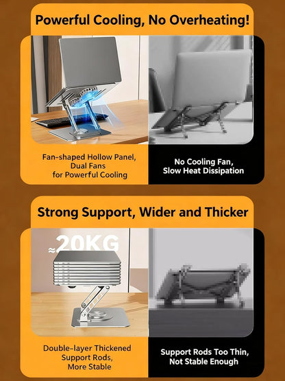 Selbst Laptop Stand for Desk with Quiet Cooling Fans - 360 Rotating Base Ergonomic Computer Stand, Aluminum Laptop Riser Foldable Protable for Office Home fits MacBook Air Pro, Dell, HP (10-17.3'')