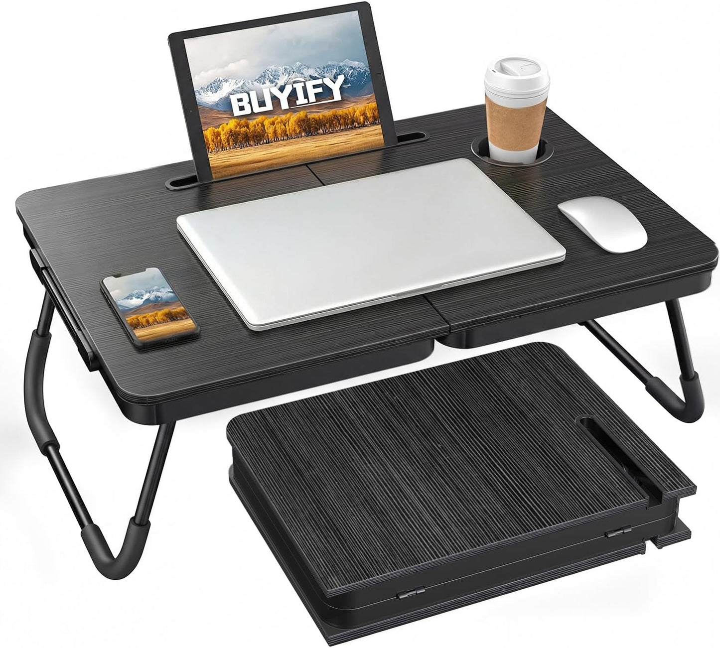 BUYIFY Foldable Laptop Bed Desk for Couch, Sofa - Large Lap Desk Tray Table with Cup Holder and Tablet Slot - Portable Notebook Stand for Eating, Writing, Studying and WFH -NEW-006