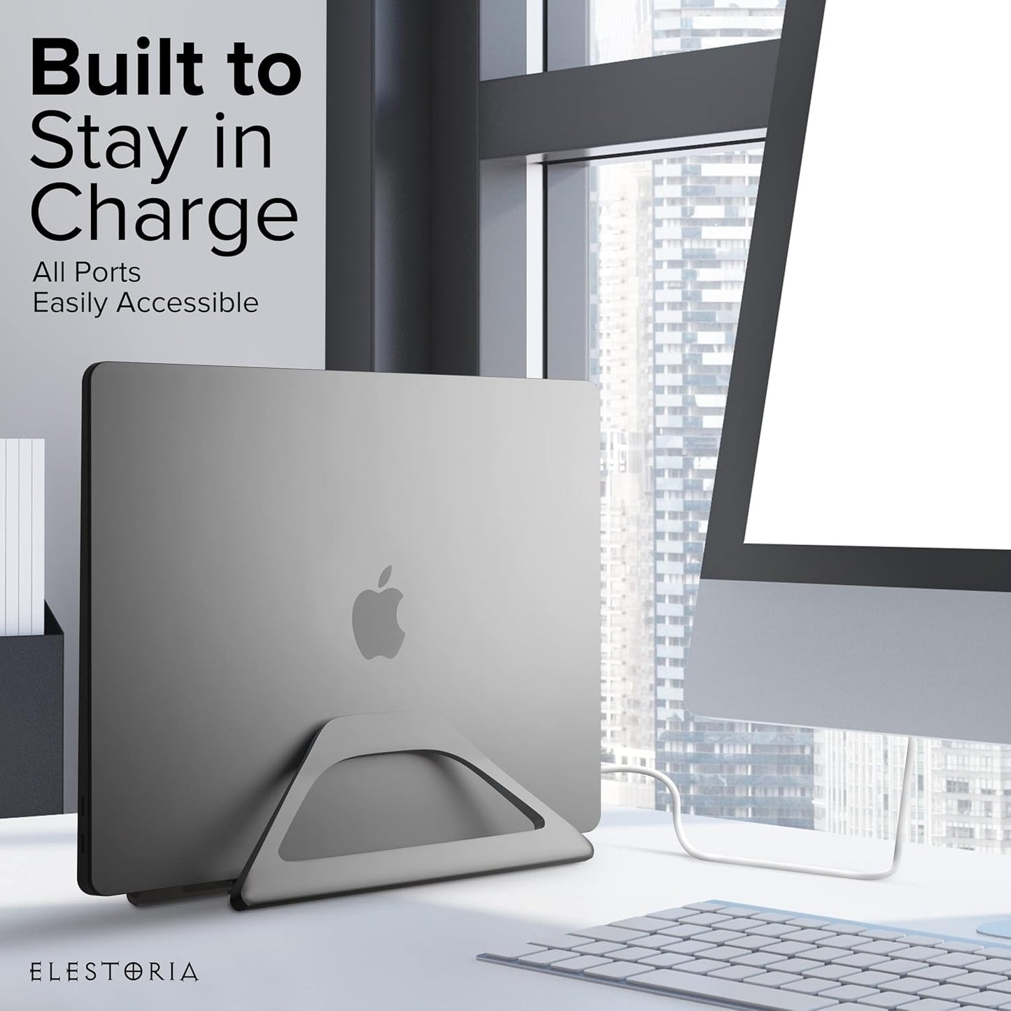 Elestoria Aluminum Vertical Laptop Stand with Gravity Auto-Lock – Adjustable Laptop Holder Vertical fits MacBook Pro/Air, Chromebook & Gaming Laptops up to 17.3" – Space-Saving Desktop Dock - Silver