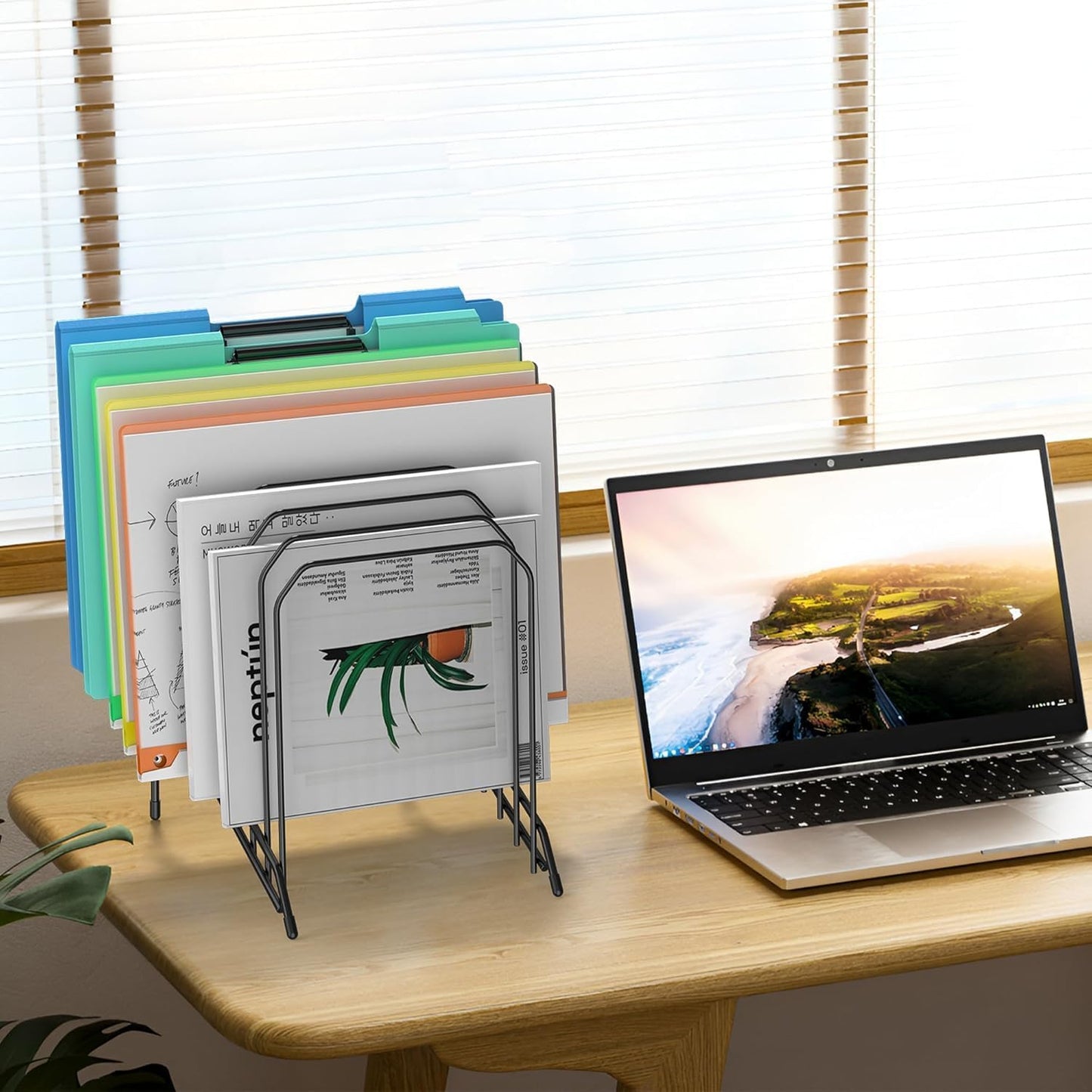 MINDEPOT Incline Sorter Desk File Organizer, Metal Desk Magazine Folder Holder with 8-Section Vertical Compartments Rack File Organizer for Office, Home, School