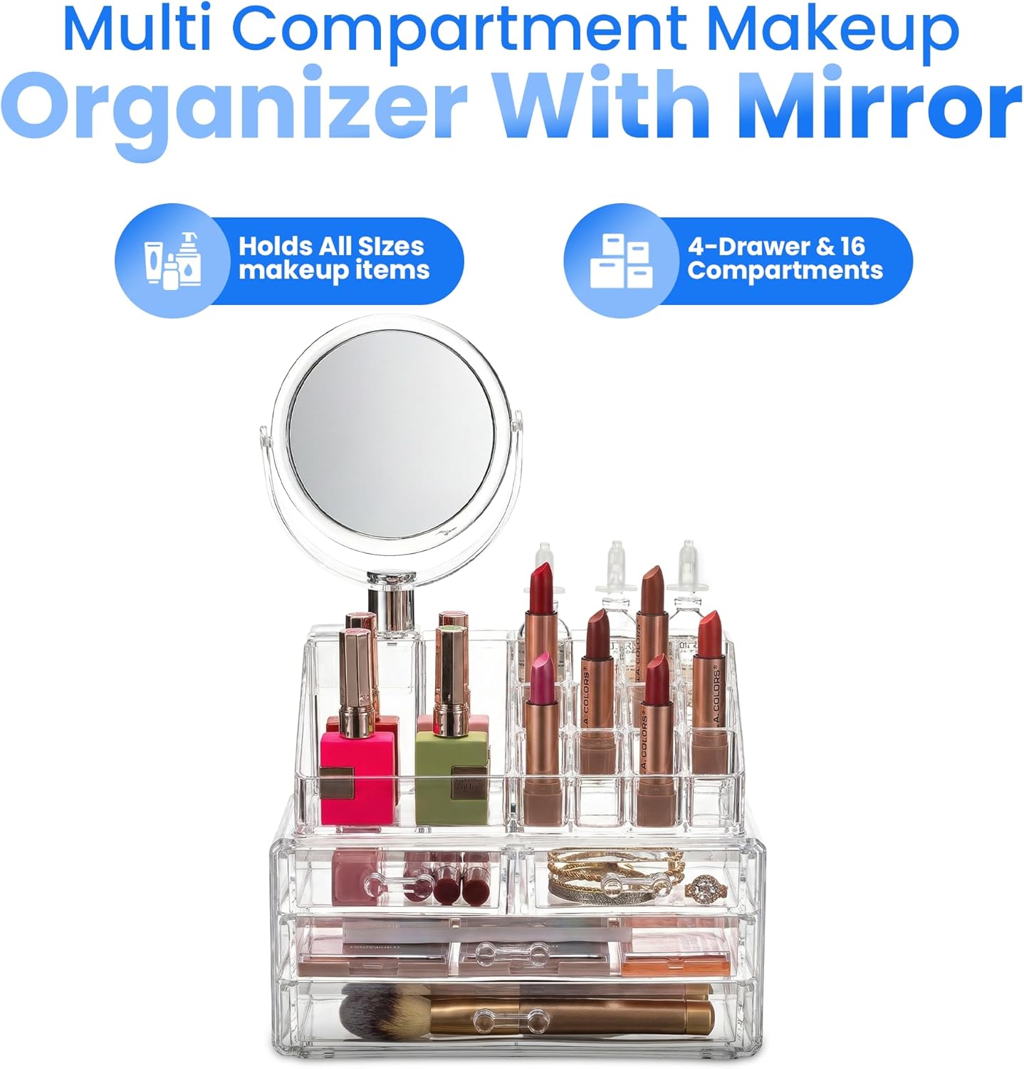 Masirs Clear Makeup Organizer - 16-Compartment Cosmetic and Jewelry Holder with 4 Drawers - Vanity Storage Box for Makeup, Skincare, Accessories, and Jewelry Display