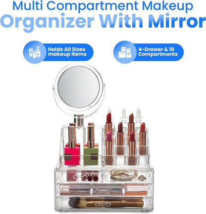 Masirs Clear Makeup Organizer - 16-Compartment Cosmetic and Jewelry Holder with 4 Drawers - Vanity Storage Box for Makeup, Skincare, Accessories, and Jewelry Display