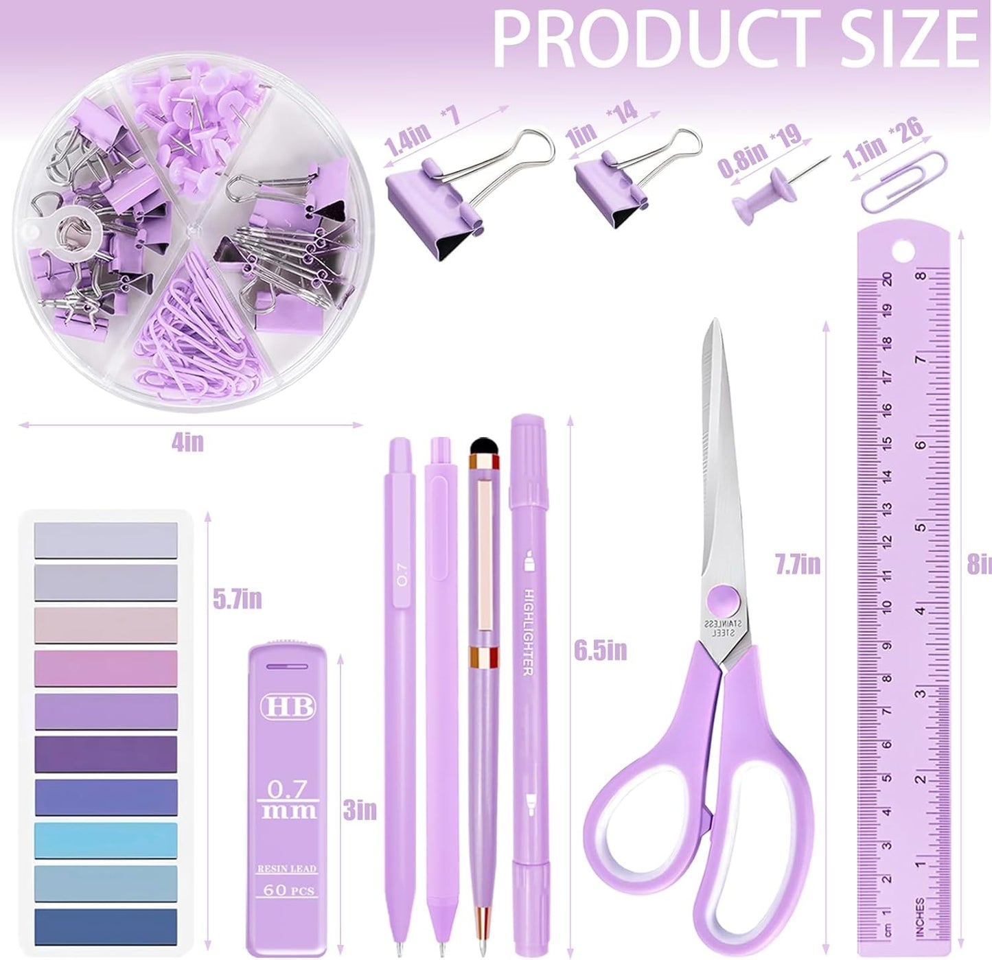 Purple Desk Accessories, 17Pcs Purple Office Supplies Set with Stapler, Mesh Desk Organizer, Tape Dispenser, Staple Remover, Pen Holder, Clips, Pens, Ruler, for Office Home School Women Students Gift