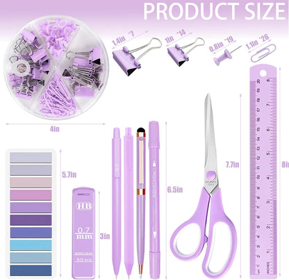 Purple Desk Accessories, 17Pcs Purple Office Supplies Set with Stapler, Mesh Desk Organizer, Tape Dispenser, Staple Remover, Pen Holder, Clips, Pens, Ruler, for Office Home School Women Students Gift