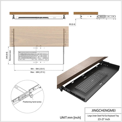 JINGCHENGMEI Sliding Keyboard Tray Under Desk, Pull-Out Keyboard and Mouse Tray, 27 x 9.8 inches Large Platform Slide-Out Computer Drawer for Typing, Metal, Black