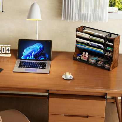 Jakyitvi File Organizer Wall Mounted, 4 Tiers Durable Adjustable Metal Desk Organizer, Desktop Hanging File Holder with 4 Pen Slots Stable, 4 Pull-Out Divider for File, Mail, Black, Patent Pending