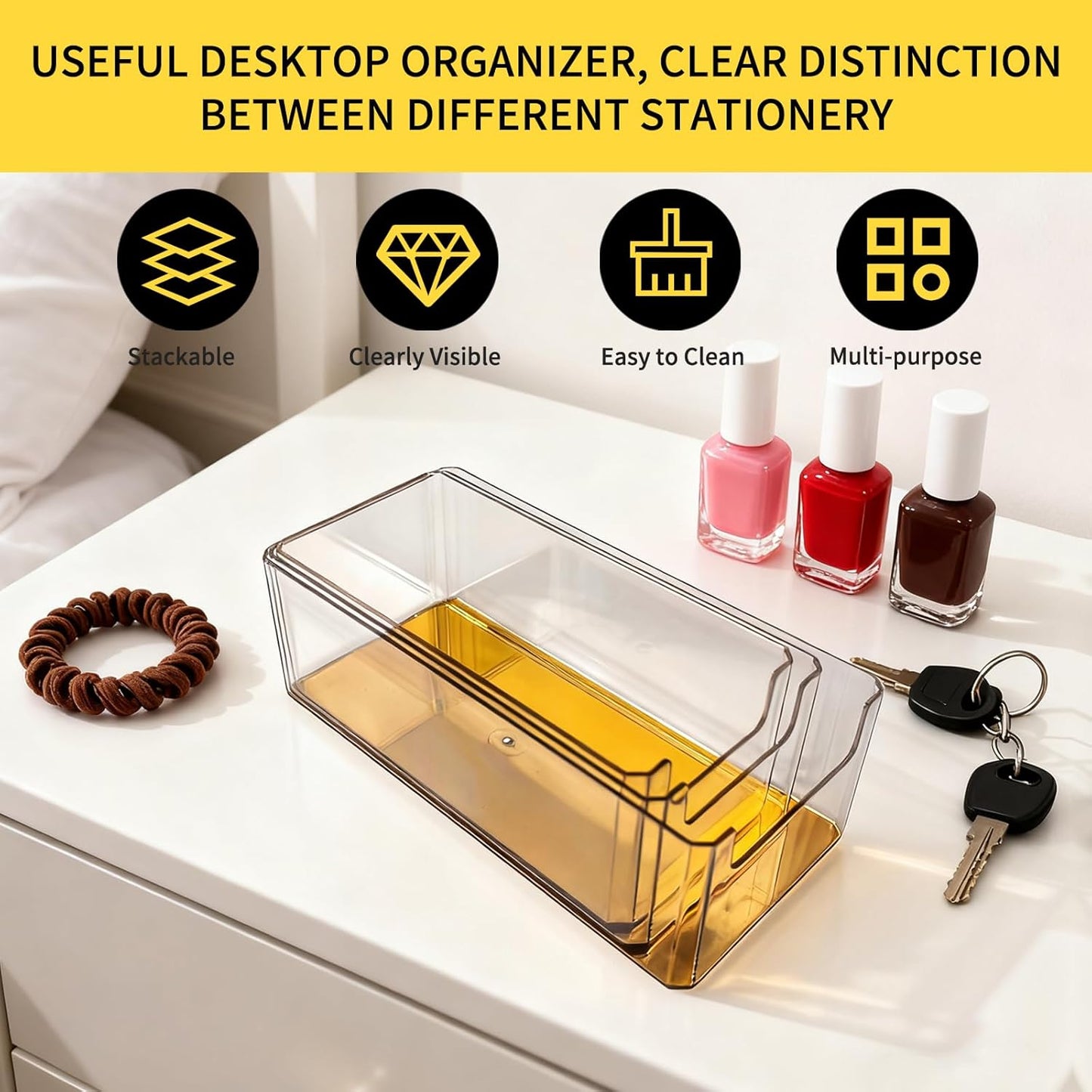 3pcs Plastic Drawer Organizer, 3 Sizes Desk Drawer Divider Organizers and Containers for Makeup, Jewerly, Kitchen drawer organizers, Bedroom, Bathroom, Office supply for storage (Gold)